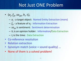 Not Just ONE Problem
• (oj, fjk, soijkl, hi, tl),
– oj - a target object: Named Entity Extraction (more)
– fjk - a feature of oj: Information Extraction
– soijkl is sentiment: Sentiment determination
– hi is an opinion holder: Information/Data Extraction
– tl is the time: Data Extraction
• Co-reference resolution
• Relation extraction
• Synonym match (voice = sound quality) …
• None of them is a solved problem!
13
 
