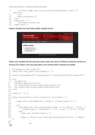 www.koder.web.id – Kumpulan tutorial komputer
104
7. <a href='<?php echo site_url("cart/add/$product->id") ?>'
>Beli</a>
8. </li>
9. <?php endforeach ?>
10. </ul>
11. <?php else : ?>
12. <p>Produk kosong.</p>
13. <?php endif ?>
Adapun tampilan dari view diatas adalah sebagai berikut
Ketika user mengklik link beli pada list produk maka user akan di redirect ke halaman add item ke
shoping cart. Adapun view yang digunakan untuk melihat daftar shopping cart adalah
1. <h1>Shopping cart anda</h1>
2. <?php echo form_open('cart/update'); ?>
3.
4. <table cellpadding="6" cellspacing="1" style="width:100%" border="0">
5.
6. <tr>
7. <th>QTY</th>
8. <th>Item Description</th>
9. <th style="text-align:right">Item Price</th>
10. <th style="text-align:right">Sub-Total</th>
11. </tr>
12.
13. <?php $i = 1; ?>
14.
15. <?php foreach($this->cart->contents() as $items): ?>
16.
17. <?php echo form_hidden($i.'[rowid]', $items['rowid']); ?>
18.
19. <tr>
20. <td><?php echo form_input(array('name' => $i.'[qty]', 'value' =>
21. $items['qty'], 'maxlength' => '3', 'size' => '5')); ?></td>
22. <td>
23. <?php echo $items['name']; ?>
24.
25. <?php if ($this->cart->has_options($items['rowid']) == TRUE):
?>
26.
27. <p>
 