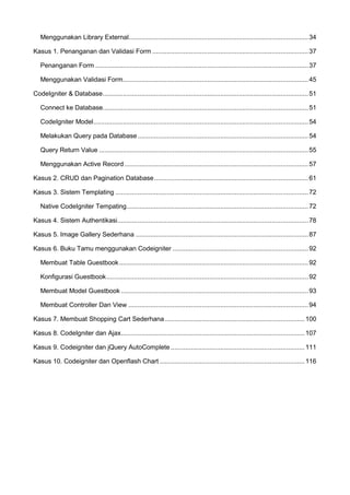 Menggunakan Library External..................................................................................................34
Kasus 1. Penanganan dan Validasi Form .....................................................................................37
Penanganan Form ....................................................................................................................37
Menggunakan Validasi Form.....................................................................................................45
CodeIgniter & Database................................................................................................................51
Connect ke Database................................................................................................................51
CodeIgniter Model.....................................................................................................................54
Melakukan Query pada Database.............................................................................................54
Query Return Value ..................................................................................................................55
Menggunakan Active Record ....................................................................................................57
Kasus 2. CRUD dan Pagination Database....................................................................................61
Kasus 3. Sistem Templating .........................................................................................................72
Native CodeIgniter Tempating...................................................................................................72
Kasus 4. Sistem Authentikasi........................................................................................................78
Kasus 5. Image Gallery Sederhana ..............................................................................................87
Kasus 6. Buku Tamu menggunakan Codeigniter ..........................................................................92
Membuat Table Guestbook.......................................................................................................92
Konfigurasi Guestbook..............................................................................................................92
Membuat Model Guestbook ......................................................................................................93
Membuat Controller Dan View ..................................................................................................94
Kasus 7. Membuat Shopping Cart Sederhana ............................................................................100
Kasus 8. CodeIgniter dan Ajax....................................................................................................107
Kasus 9. Codeigniter dan jQuery AutoComplete .........................................................................111
Kasus 10. Codeigniter dan Openflash Chart ...............................................................................116
 