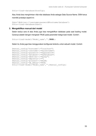 www.koder.web.id – Kumpulan tutorial komputer
53
$this->load->database($config);
Atau Anda bisa mengirimkan nilai-nilai database Anda sebagai Data Source Name. DSN harus
memiliki prototipe seperti ini:
$dsn='dbdriver://username:password@hostname/database';
$this->load->database($dsn);
3. Mengaktifkan manual dari model
Selain kedua cara di atas Anda juga bisa mengaktifkan database pada saat loading model.
Caranya adalah dengan mengeset TRUE pada parameter ketiga load model. Contoh :
$this->load->model('Model_name','',TRUE);
Selain itu Anda juga bisa menggunakan konfigurasi tertentu untuk sebuah model. Contoh:
$manual_config['hostname']="localhost";
$manual_config['username']="myusername";
$manual_config['password']="mypassword";
$manual_config['database']="mydatabase";
$manual_config['dbdriver']="mysql";
$manual_config['dbprefix']="";
$manual_config['pconnect']=FALSE;
$manual_config['db_debug']=TRUE;
$this->load->model('Model_name','',$manual_config);
 