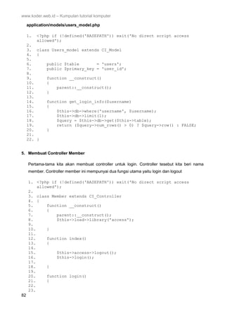 www.koder.web.id – Kumpulan tutorial komputer
82
application/models/users_model.php
1. <?php if (!defined('BASEPATH')) exit('No direct script access
allowed');
2.
3. class Users_model extends CI_Model
4. {
5.
6. public $table = 'users';
7. public $primary_key = 'user_id';
8.
9. function __construct()
10. {
11. parent::__construct();
12. }
13.
14. function get_login_info($username)
15. {
16. $this->db->where('username', $username);
17. $this->db->limit(1);
18. $query = $this->db->get($this->table);
19. return ($query->num_rows() > 0) ? $query->row() : FALSE;
20. }
21.
22. }
5. Membuat Controller Member
Pertama-tama kita akan membuat controller untuk login. Controller tesebut kita beri nama
member. Controller member ini mempunyai dua fungsi utama yaitu login dan logout
1. <?php if (!defined('BASEPATH')) exit('No direct script access
allowed');
2.
3. class Member extends CI_Controller
4. {
5. function __construct()
6. {
7. parent::__construct();
8. $this->load->library('access');
9.
10. }
11.
12. function index()
13. {
14.
15. $this->access->logout();
16. $this->login();
17.
18. }
19.
20. function login()
21. {
22.
23.
 