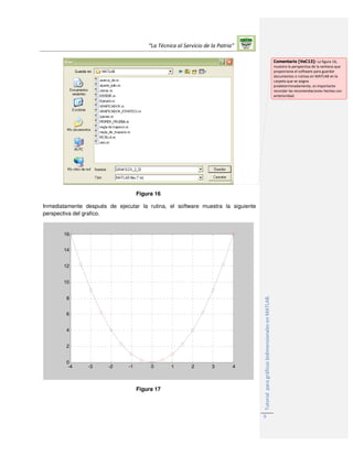 “La Técnica al Servicio de la Patria”
TutorialparagráficosbidimensionalesenMATLAB.
9
Figura 16
Inmediatamente después de ejecutar la rutina, el software muestra la siguiente
perspectiva del grafico.
-4 -3 -2 -1 0 1 2 3 4
0
2
4
6
8
10
12
14
16
Figura 17
Comentario [VeC13]: La figura 16,
muestra la perspectiva de la ventana que
proporciona el software para guardar
documentos o rutinas en MATLAB en la
carpeta que se asigna
predeterminadamente, es importante
recordar las recomendaciones hechas con
anterioridad.
 