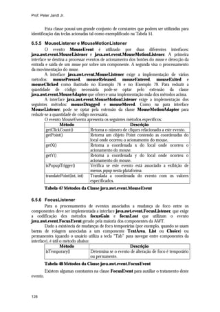 Prof. Peter Jandl Jr.


         Esta classe possui um grande conjunto de constantes que podem ser utilizadas para
identificação das teclas acionadas tal como exemplificado na Tabela 51.

6.5.5 MouseListener e MouseMotionListener
        O evento MouseEvent é utilizado por duas diferentes interfaces:
java.awt.event.MouseListener e java.awt.event.MouseMotionListener. A primeira
interface se destina a processar eventos de acionamento dos botões do mouse e detecção da
entrada e saída de um mouse por sobre um componente. A segunda visa o processamento
da movimentação do mouse.
        A interface java.awt.event.MouseListener exige a implementação de vários
métodos: mousePressed, mouseReleased, mouseEntered, mouseExited e
mouseClicked como ilustrado no Exemplo 76 e no Exemplo 79. Para reduzir a
quantidade de código necessária pode-se optar pelo extensão da classe
java.awt.event.MouseAdapter que oferece uma implementação nula dos métodos acima.
        A interface java.awt.event.MouseMotionListener exige a implementação dos
seguintes métodos: mouseDragged e mouseMoved. Como na para interface
MouseListener, pode se optar pela extensão da classe MouseMotionAdapter para
reduzir-se a quantidade de código necessária.
        O evento MouseEvento apresenta os seguintes métodos específicos:
                  Método                                  Descrição
         getClickCount()           Retorna o número de cliques relacionado a este evento.
         getPoint()                Retorna um objeto Point contendo as coordenadas do
                                   local onde ocorreu o acionamento do mouse.
         getX()                    Retorna a coordenada x do local onde ocorreu o
                                   acionamento do mouse.
         getY()                    Retorna a coordenada y do local onde ocorreu o
                                   acionamento do mouse.
         isPopupTrigger()          Verifica se este evento está associado a exibição de
                                   menus popup nesta plataforma.
         translatePoint(int, int)  Translada a coordenada do evento com os valores
                                   especificados.
          Tabela 47 Métodos da Classe java.awt.event.MouseEvent

6.5.6 FocusListener
        Para o processamento de eventos associados a mudança de foco entre os
componentes deve ser implementada a interface java.awt.event.FocusListener, que exige
a codificação dos métodos focusGain e focusLost que utilizam o evento
java.awt.event.FocusEvent gerado pela maioria dos componentes da AWT.
        Dado a existência de mudanças de foco temporárias (por exemplo, quando se usam
barras de rolagem associadas a um componente TextArea, List ou Choice) ou
permanentes (quando o usuário utiliza a tecla “Tab” para navegar entre componentes da
interface), é útil o método abaixo:
                   Método                                Descrição
         isTemporary()              Determina se o evento de alteração de foco é temporário
                                    ou permanente.
          Tabela 48 Métodos da Classe java.awt.event.FocusEvent
          Existem algumas constantes na classe FocusEvent para auxiliar o tratamento deste
evento.



128
 