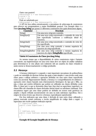 Introdução ao Java


        Outro caso possível:
        Sobrecarga3 s = new Sobrecarga3();
        s.prim = 5;
        s.sec = -2;
        Pode ser substituído por:
        Sobrecarga3 s = new Sobrecarga3(5, -2);
         A API do Java utiliza extensivamente o mecanismo de sobrecarga de construtores
para oferecer aos programadores a maior flexibilidade possível. Um exemplo disto é a
classe java.lang.String que possui 11 diferentes construtores dos quais destacamos alguns:
              Construtor                                  Descrição
         String()               Cria uma nova string sem conteúdo.
         String(byte[])         Cria uma nova string convertendo o conteúdo do vetor de
                                bytes especificado conforme a codificação default de
                                caracteres.
         String(char[])         Cria uma nova string convertendo o conteúdo do vetor de
                                char especificado.
         String(String)         Cria uma nova string contendo a mesma sequência de
                                caracteres da string especificada.
         String(StringBuffer) Cria uma nova string contendo a mesma sequência de
                                caracteres do objeto StringBuffer especificado.
        Tabela 14 Construtores da Classe java.lang.String
       Ao mesmo tempo que a disponibilidade de vários construtores cópia é bastante
conveniente, sua implementação em uma certa classe deve ser objeto de análise cuidadosa
para determinar-se se esta adição será realmente útil aos usuários da classe evitando-se
assim onerar-se desnecessariamente o código produzido.

5.3 Herança
        A herança (inheritance) é o segundo e mais importante mecanismo do polimorfismo
e pode ser entendido de diversas formas das quais a mais simples é: uma técnica onde uma
classe passa a utilizar atributos e operações definidas em uma outra classe especificada
como seu ancestral. Rigorosamente falando, a herança é o compartilhamento de atributos e
operações entre classes baseado num relacionamento hierárquico do tipo pai e filho, ou
seja, a classe pai contêm definições que podem ser utilizadas nas classes definidas como
filho. A classe pai é o que se denomina classe base (base class) ou superclasse (superclass) e as
classes filho são chamadas de classes derivadas (derived classes) ou subclasses (subclasses). Este
mecanismos sugere que uma classe poderia ser definida em termos mais genéricos ou
amplos e depois refinada sucessivamente em uma ou mais subclasses específicas. Daí o
origem do termo técnico que descreve a herança: especialização (specialization).
        Em Java indicamos que uma classe é derivada de uma outra classe utilizando a
palavra reservada extends conforme o trecho simplificado de código dado a seguir: A
superclasse não recebe qualquer indicação especial.
        // SuperClass.java
        public class SuperClass {
          M
        }
        // SubClass.java
        public class SubClass extends SuperClass {
          M
        }
        Exemplo 42 Exemplo Simplificado de Herança



                                                                                               69
 