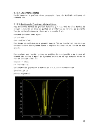 5.10.4 Importando Datos
Puede importar y graficar datos generados fuera de MATLAB utilizando el
comando load.



5.10.5 Graficando Funciones Matemáticas
Hay diferen tes formas de graficar funciones y = f(x). Una de estas formas es
evaluar la función en miles de puntos en el intervalo de interés. La siguiente
función oscila infinitamente rápido en el intervalo, 0 x 1.

Podemos gráficarla como sigue:
x = (0:1/2000:1)';
p lot(x, cos(tan(pi*x)))

Para hacer esto más eficiente podemos usar la función fplot la cual concentra su
evaluación sobre las regiones donde la rapidez de cambio de la función es más
grande.



P a r a e v a l u a r u n a f u n c i ó n , s e c r e a u n a r c h i v o d e e s t a f u n c i ó n y se le pasa el
nombre del archivo a fplot. El siguiente archivo -M de tipo función define la
función anterior como fofx.
function y = fofx(x)
y = cos(tan(pi*x));

Este archivo se guarda con el nombre de f o f x . m. Ahora la instrucción
fplot('fofx', [0 1])
prod u c e l a g r á f i c a :




                                                                                                                62
 