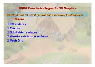   IFS surfaces
  Patches
  Subdivision surfaces
  Wavelet subdivision surfaces
  Mesh Grid
 