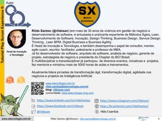 4
Tutorial
Play
Scrum
Experience
®
Rildo Santos (@rildosan) rildo.santos@etecnologia.com.br
www.etecnologia.com.br
Rildo Santos (@rildosan) tem mais de 30 anos de vivência em gestão de negócio e
desenvolvimento de software, é entusiasta e praticante experiente de Métodos Ágeis, Lean,
Desenvolvimento de Software, Inovação, Design Thinking, Business Design, Service Design
Thinking , Lean BPM, Digital Business e Business Agilitty.
É Head de Inovação e Tecnologia, e também desempenha o papel de consultor, mentor,
agile coach, escritor, facilitador, palestrante e professor de MBA.
Já foi desenvolvedor de software, arquiteto de software, analista de negócio, gerente de
projeto, estrategista de negócio e presidente do Chapter do BCI Brasil.
É multidisciplinar e transdisciplinar já participou de diversos eventos, iniciativas e projetos,
fez mentoria e ministrou mais de 5000 horas de aulas e treinamentos.
Atualmente lidera jornadas de transformação ágil, transformação digital, agilidade nos
negócios e projetos de Inteligência Artificial.
www.etecnologia.com.br
rildo.santos@etecnologia.com.br
blog: rildosan.com
comunidade: www.etecnologia.ning.com
Head de Inovação
e Tecnologia
Autor
Scrum
Experience
SX
https://www.linkedin.com/in/rildofsantos
https://www.facebook.com/rildosan
@rildosan rildo.f.santos
https://www.instagram.com/rildosan/
https://br.pinterest.com/rildofsantos/
 