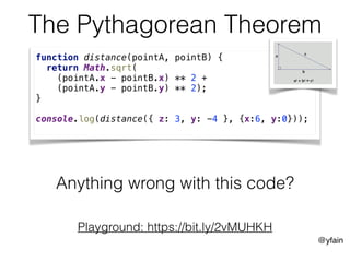 @yfain
The Pythagorean Theorem
function distance(pointА, pointB) {
return Math.sqrt(
(pointА.x - pointB.x) ** 2 +
(pointА.y - pointB.y) ** 2);
}
console.log(distance({ z: 3, y: -4 }, {x:6, y:0}));
Playground: https://bit.ly/2vMUHKH
Anything wrong with this code?
 