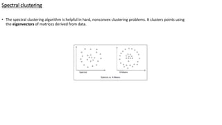 Spectral clustering
• The spectral clustering algorithm is helpful in hard, nonconvex clustering problems. It clusters points using
the eigenvectors of matrices derived from data.
 