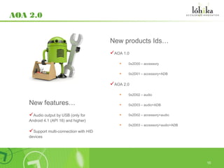 AOA 2.0


                                         New products Ids…
                                         AOA 1.0

                                            •   0x2D00 – accessory


                                            •   0x2D01 – accessory+ADB


                                         AOA 2.0

                                            •   0x2D02 – audio

    New features…                           •   0x2D03 – audio+ADB


    Audio output by USB (only for          •   0x2D02 – accessory+audio
    Android 4.1 (API 16) and higher)
                                            •   0x2D03 – accessory+audio+ADB
    Support multi-connection with HID
    devices




                                                                               10
 