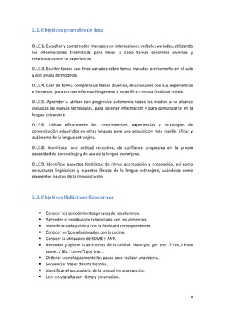 4
2.2. Objetivos generales de área
O.LE.1. Escuchar y comprender mensajes en interacciones verbales variadas, utilizando
las informaciones trasmitidas para llevar a cabo tareas concretas diversas y
relacionadas con su experiencia.
O.LE.3. Escribir textos con fines variados sobre temas tratados previamente en el aula
y con ayuda de modelos.
O.LE.4. Leer de forma comprensiva textos diversos, relacionados con sus experiencias
e intereses, para extraer información general y específica con una finalidad previa.
O.LE.5. Aprender a utilizar con progresiva autonomía todos los medios a su alcance
incluidas las nuevas tecnologías, para obtener información y para comunicarse en la
lengua extranjera.
O.LE.6. Utilizar eficazmente los conocimientos, experiencias y estrategias de
comunicación adquiridos en otras lenguas para una adquisición más rápida, eficaz y
autónoma de la lengua extranjera.
O.LE.8. Manifestar una actitud receptiva, de confianza progresiva en la propia
capacidad de aprendizaje y de uso de la lengua extranjera.
O.LE.9. Identificar aspectos fonéticos, de ritmo, acentuación y entonación, así como
estructuras lingüísticas y aspectos léxicos de la lengua extranjera, usándolos como
elementos básicos de la comunicación.
2.3. Objetivos Didácticos-Educativos
 Conocer los conocimientos previos de los alumnos.
 Aprender el vocabulario relacionado con los alimentos.
 Identificar cada palabra con la flashcard correspondiente.
 Conocer verbos relacionados con la cocina.
 Conocer la utilización de SOME y ANY.
 Aprender y aplicar la estructura de la unidad. Have you got any…? Yes, I have
some…/ No, I haven’t got any….
 Ordenar cronológicamente los pasos para realizar una receta.
 Secuenciar frases de una historia.
 Identificar el vocabulario de la unidad en una canción.
 Leer en voz alta con ritmo y entonación.
 