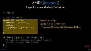 AMD (AMD ( ))
Asynchronous Module DeﬁnitionAsynchronous Module Deﬁnition
Require.jsRequire.js
// app.js
// define paths
requirejs.config({
baseUrl: 'js/lib',
paths: {
jquery: 'jquery-1.9.0'
}
})
define(['jquery'], function ($) {
// this is executed only when jquery
// and its deps are loaded
}); app
Require.js conﬁg
jquery will be loaded from
://<currentDomain>/js/lib/jquery-1.9.0.js
@loige 53
 