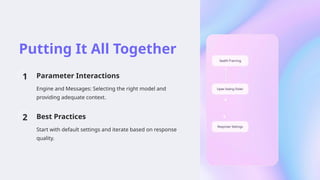 Putting It All Together
1 Parameter Interactions
Engine and Messages: Selecting the right model and
providing adequate context.
2 Best Practices
Start with default settings and iterate based on response
quality.
 