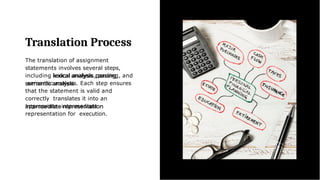 Translation Process
The translation of assignment
statements involves several steps,
including lexical analysis, parsing, and
semantic analysis. Each step ensures
that the statement is valid and
correctly translates it into an
appropriate intermediate
representation for execution.
 