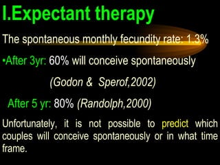 I.Expectant therapy The spontaneous monthly fecundity rate: 1.3% After 3yr:  60%  will conceive spontaneously  (Godon &  Sperof,2002) After 5 yr:  80%   (Randolph,2000) Unfortunately, it is not possible to  predict   which couples will conceive spontaneously or in what time frame. 