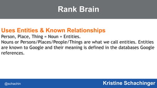 @schachin Kristine Schachinger
Rank Brain
Uses Entities & Known Relationships
Person, Place, Thing = Noun = Entities.
Nouns or Persons/Places/People/Things are what we call entities. Entities
are known to Google and their meaning is defined in the databases Google
references.
 