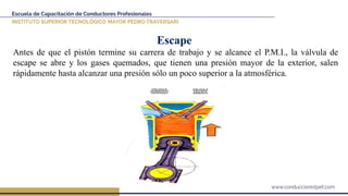 Escape
Antes de que el pistón termine su carrera de trabajo y se alcance el P.M.I., la válvula de
escape se abre y los gases quemados, que tienen una presión mayor de la exterior, salen
rápidamente hasta alcanzar una presión sólo un poco superior a la atmosférica.
 