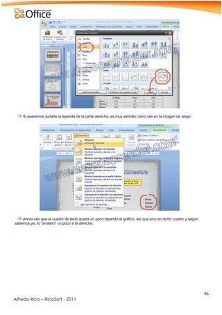 96
Alfredo Rico – RicoSoft - 2011
-
Si queremos quitarle la leyenda de la parte derecha, es muy sencillo como vés en la imagen de abajo:
-
-
Ahora veo que el cuadro de texto queda un poco tapando el gráfico, así que pico en dicho cuadro y según
sabemos ya, lo "arrastro" un poco a la derecha:
-
 