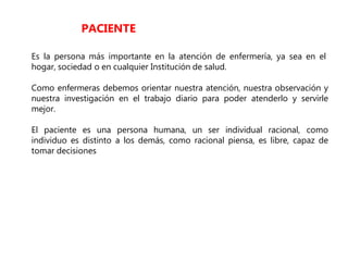 Es la persona más importante en la atención de enfermería, ya sea en el
hogar, sociedad o en cualquier Institución de salud.
Como enfermeras debemos orientar nuestra atención, nuestra observación y
nuestra investigación en el trabajo diario para poder atenderlo y servirle
mejor.
El paciente es una persona humana, un ser individual racional, como
individuo es distinto a los demás, como racional piensa, es libre, capaz de
tomar decisiones
PACIENTE
 