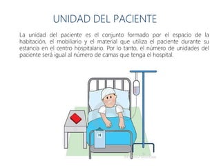 UNIDAD DEL PACIENTE
La unidad del paciente es el conjunto formado por el espacio de la
habitación, el mobiliario y el material que utiliza el paciente durante su
estancia en el centro hospitalario. Por lo tanto, el número de unidades del
paciente será igual al número de camas que tenga el hospital.
 