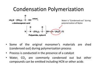 Condensation Polymerization
• Some of the original monomer’s materials are shed
(condensed out) during polymerization process
• Process is conducted in the presence of a catalyst
• Water, CO2 are commonly condensed out but other
compounds can be emitted including HCN or other acids
Water is “Condensed out” during
polymerization of Nylon
 