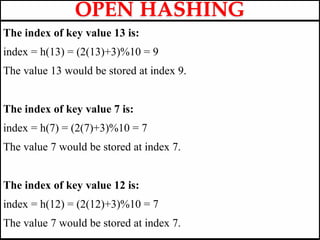 The index of key value 13 is:
index = h(13) = (2(13)+3)%10 = 9
The value 13 would be stored at index 9.
The index of key value 7 is:
index = h(7) = (2(7)+3)%10 = 7
The value 7 would be stored at index 7.
The index of key value 12 is:
index = h(12) = (2(12)+3)%10 = 7
The value 7 would be stored at index 7.
OPEN HASHING
 