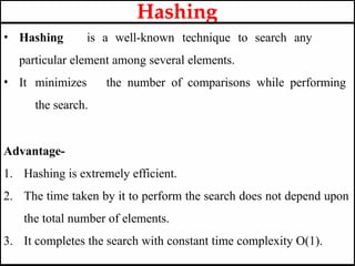 • Hashing is a well-known technique to search any
particular element among several elements.
• It minimizes the number of comparisons while performing
the search.
Advantage-
1. Hashing is extremely efficient.
2. The time taken by it to perform the search does not depend upon
the total number of elements.
3. It completes the search with constant time complexity O(1).
Hashing
 