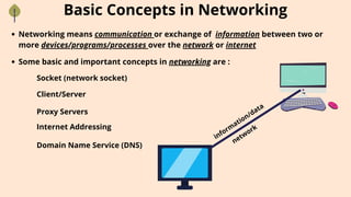 Networking means communication or exchange of information between two or
more devices/programs/processes over the network or internet
Basic Concepts in Networking
Some basic and important concepts in networking are :
Socket (network socket)
Client/Server
Proxy Servers
Internet Addressing
Domain Name Service (DNS)
inform
ation/data
network
 