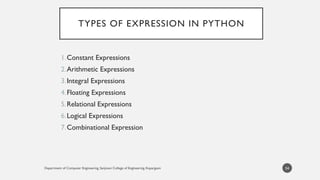 Department of Computer Engineering, Sanjivani College of Engineering, Kopargaon
TYPES OF EXPRESSION IN PYTHON
1.Constant Expressions
2.Arithmetic Expressions
3.Integral Expressions
4.Floating Expressions
5.Relational Expressions
6.Logical Expressions
7.Combinational Expression
54
 