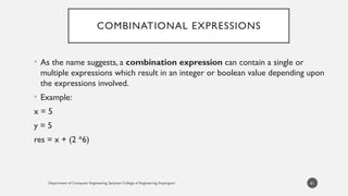 Department of Computer Engineering, Sanjivani College of Engineering, Kopargaon
COMBINATIONAL EXPRESSIONS
• As the name suggests, a combination expression can contain a single or
multiple expressions which result in an integer or boolean value depending upon
the expressions involved.
• Example:
x = 5
y = 5
res = x + (2 *6)
61
 