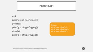 Department of Computer Engineering, Sanjivani College of Engineering, Kopargaon
PROGRAM
x=5
print("x is of type:",type(x))
y=float(x)
print("y is of type:",type(y))
z=str(x)
print("z is of type:",type(z))
66
Output:
x is of type: <class 'int’>
y is of type: <class ‘float’>
z is of type: <class ‘str'>
 