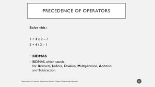 Department of Computer Engineering, Sanjivani College of Engineering, Kopargaon
PRECEDENCE OF OPERATORS
Solve this :
3 + 4 x 2 – 1
3 + 4 / 2 – 1
• BIDMAS
• BIDMAS, which stands
for Brackets, Indices, Division, Multiplication, Addition
and Subtraction.
67
 
