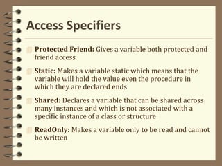 Access Specifiers
 Protected Friend: Gives a variable both protected and
friend access
 Static: Makes a variable static which means that the
variable will hold the value even the procedure in
which they are declared ends
 Shared: Declares a variable that can be shared across
many instances and which is not associated with a
specific instance of a class or structure
 ReadOnly: Makes a variable only to be read and cannot
be written
 
