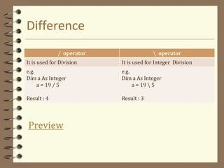 Difference
Preview
/ operator  operator
It is used for Division It is used for Integer Division
e.g.
Dim a As Integer
a = 19 / 5
Result : 4
e.g.
Dim a As Integer
a = 19  5
Result : 3
 