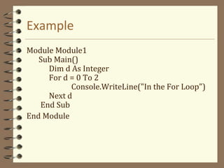 Example
Module Module1
Sub Main()
Dim d As Integer
For d = 0 To 2
Console.WriteLine("In the For Loop")
Next d
End Sub
End Module
 