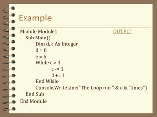 Example
Module Module1 OUTPUT
Sub Main()
Dim d, e As Integer
d = 0
e = 6
While e > 4
e -= 1
d += 1
End While
Console.WriteLine("The Loop run " & e & "times")
End Sub
End Module
 