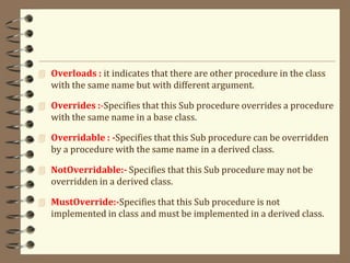  Overloads : it indicates that there are other procedure in the class
with the same name but with different argument.
 Overrides :-Specifies that this Sub procedure overrides a procedure
with the same name in a base class.
 Overridable : -Specifies that this Sub procedure can be overridden
by a procedure with the same name in a derived class.
 NotOverridable:- Specifies that this Sub procedure may not be
overridden in a derived class.
 MustOverride:-Specifies that this Sub procedure is not
implemented in class and must be implemented in a derived class.
 