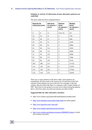 18   Solutions Unit One: Exploring What It Means To ‘Do’ Mathematics Error! No text of specified style in document.


                              Solutions to Activity 13: Discussion of some alternative patterns you
                              could find

                              The above table has been completed below:

                                 Separate the             Add terms          Subtract          Multiply
                                 consecutive terms        (in columns 1      terms             terms
                                                          and 2)             (in columns 1     (in columns 1
                                                                             and 2)            and 2)

                                 3            8           11                 5 (or -5)         24
                                 13           18          31                 5                 234
                                 23           28          51                 5                 644
                                 33           38          71                 5                 1254
                                 43           48          91                 5                 2064
                                 53           58          111                5                 3074
                                 63           68          131                5                 4284
                                 73           78          151                5                 5694
                                 83           88          171                5                 7304
                                 93           98          191                5                 9114
                                 103          108         211                5                 11124
                                 113          118         231                5                 13334
                                 123          128         251                5                 15744
                                 133          138         271                5                 18354



                              There are so many patterns in the above table. Some patterns are
                              immediately obvious (such as the increase by 10 each time in the first
                              column). Some patterns are not so obvious. For example, in the last
                              column, did you realize that there is a sequence with a 'jump' number of
                              200? Have fun in your group or on your own in discovering the patterns
                              above. (See how many you and your learners are able to find).

                              Suggested links for other alternative activities:

                              • http://www.learner.org/teacherslab/math/patterns/number.html

                              • http://www.funbrain.com/cracker/index.html (an online game)

                              • http://www.geocities.com/~harveyh/

                              • http://www.shodor.org/interactivate/activities/

                              • http://www.emints.org/ethemes/resources/S00000622.shtml (a whole
                                list of online activities)



18
 