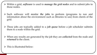  Within a grid, software is used to manage the grid nodes and to submit jobs to
those nodes.
 Such software will receive the jobs to perform (programs to run and
information about the environment such as libraries to use) from clients of the
grid.
 These jobs are typically added to a job queue before a job scheduler submits
them to a node within the grid.
 When any results are generated by the job they are collected from the node and
returned to the client.
 This is illustrated below:
 