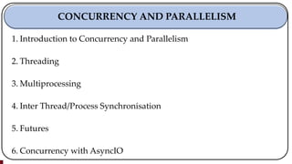 1. Introduction to Concurrency and Parallelism
2. Threading
3. Multiprocessing
4. Inter Thread/Process Synchronisation
5. Futures
6. Concurrency with AsyncIO
CONCURRENCY AND PARALLELISM
 
