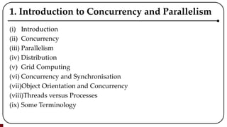 1. Introduction to Concurrency and Parallelism
(i) Introduction
(ii) Concurrency
(iii) Parallelism
(iv) Distribution
(v) Grid Computing
(vi) Concurrency and Synchronisation
(vii)Object Orientation and Concurrency
(viii)Threads versus Processes
(ix) Some Terminology
 