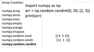 Array Creation:
numpy.array
numpy.zeros
numpy.ones
numpy.empty
numpy.arange
numpy.linspace
numpy.random.rand
numpy.random.randn
numpy.random.randint
import numpy as np
arr = np.random.randint(0, 20, (2, 3))
print(arr)
[[ 9 5 15]
[11 1 1]]
 