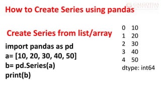 import pandas as pd
a= [10, 20, 30, 40, 50]
b= pd.Series(a)
print(b)
Create Series from list/array
0 10
1 20
2 30
3 40
4 50
dtype: int64
How to Create Series using pandas
 