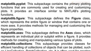 matplotlib.pyplot: This subpackage contains the primary plotting
functions that are commonly used for creating and customizing
plots. It provides an interface similar to MATLAB's plotting
functions.
matplotlib.figure: This subpackage defines the Figure class,
which represents the entire figure or window that contains one or
more axes. It provides methods for managing and customizing the
figure properties.
matplotlib.axes: This subpackage defines the Axes class, which
represents an individual plot or subplot within a figure. It provides
methods for creating and manipulating various types of plots.
matplotlib.collections: This subpackage provides classes for
efficient handling of collections of objects that can be plotted, such
 
