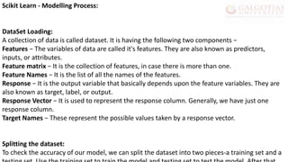 Scikit Learn - Modelling Process:
DataSet Loading:
A collection of data is called dataset. It is having the following two components −
Features − The variables of data are called it's features. They are also known as predictors,
inputs, or attributes.
Feature matrix − It is the collection of features, in case there is more than one.
Feature Names − It is the list of all the names of the features.
Response − It is the output variable that basically depends upon the feature variables. They are
also known as target, label, or output.
Response Vector − It is used to represent the response column. Generally, we have just one
response column.
Target Names − These represent the possible values taken by a response vector.
Splitting the dataset:
To check the accuracy of our model, we can split the dataset into two pieces-a training set and a
 