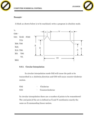 F T ra n sf o                                                                                                                      F T ra n sf o
          PD                   rm                                                                                                            PD                   rm
      Y                                                                                                                                  Y
 Y




                                                                                                                                    Y
                                er




                                                                                                                                                                   er
ABB




                                                                                                                                   ABB
                          y




                                                                                                                                                             y
                       bu




                                                                                                                                                          bu
                                    2.0




                                                                                                                                                                       2.0
                     to




                                                                                                                                                        to
                  re




                                                                                                                                                     re
                                                                                                                 J3103/6/20
                he




                                                                                                                                                   he
           k




                                                                                                                                              k
          lic




                                                                                                                                             lic
                                          COMPUTER NUMERICAL CONTROL
      C




                                                                                                                                         C
      w                        om                                                                                                        w                        om
  w




                                                                                                                                     w
          w.                                                                                                                                 w.
               A B B Y Y.c                                                                                                                        A B B Y Y.c




                                          Example:


                                           A block as shown below is to be machined, write a program in absolute mode.


                                          %
                                                                                  10               70          10
                                                                                       10
                                          G90 -
                                          G01     X100      F300
                                                  Y70
                                           X90. Y80
                                                                    90




                                           X20.
                                                                             80




                                                                                                                              80
                                           X10. Y90.




                                                                                                                        70
                                           XO.     Y80
                                                   Y0.
                                                                                                 100
                                           M02


                                                  6.6.5. Circular Interpolation


                                                         In circular interpolation mode G02 will cause the path to be
                                                  transcribed in a clockwise direction and G03 will cause counter-clockwise
                                                  motion.


                                                  G02                    -    Clockwise
                                                  G03                    -    Counterclockwise


                                                  In circular interpolation there are a number of points to be remembered:
                                                  The end point of the arc is defined as X and Y coordinates exactly the
                                                  same as if commanding linear motion.
 