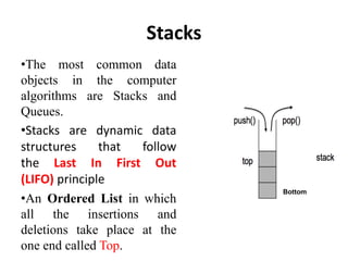 Stacks
•The most common data
objects in the computer
algorithms are Stacks and
Queues.
•Stacks are dynamic data
structures that follow
the Last In First Out
(LIFO) principle
•An Ordered List in which
all the insertions and
deletions take place at the
one end called Top.
Bottom
 