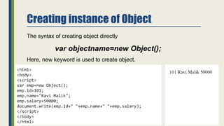Creating instance of Object
The syntax of creating object directly
var objectname=new Object();
Here, new keyword is used to create object.
 
