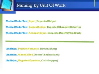 Naming by Unit Of Work

MethodUnderTest_Input_ExpectedOutput
MethodUnderTest_LogicalAction_ExpectedChangeInBehavior
MethodUnderTest_ActionOrInput_ExepectedCallToThirdParty

Addition_PositiveNumbers_ReturnsSum()
Addition_WhenCalled_ResetsTheNextSum()
Addition_NegativeNumbers_CallsLogger()

 
