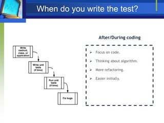 When do you write the test?

After/During coding
 Focus on code.
 Thinking about algorithm.

 More refactoring.
 Easier initially.

 